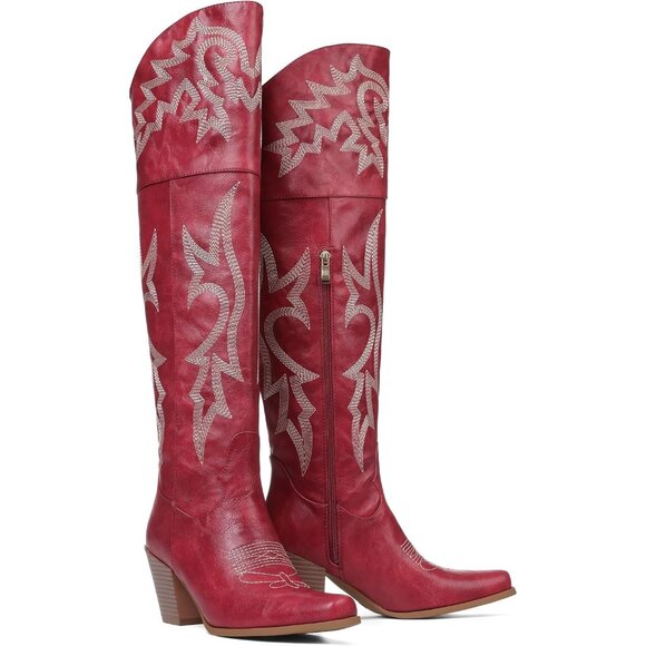 Women Red Pu Polyurethane Thigh High Embroidered Pointed Toe Chunky Heels Boot - Picture 1 of 6